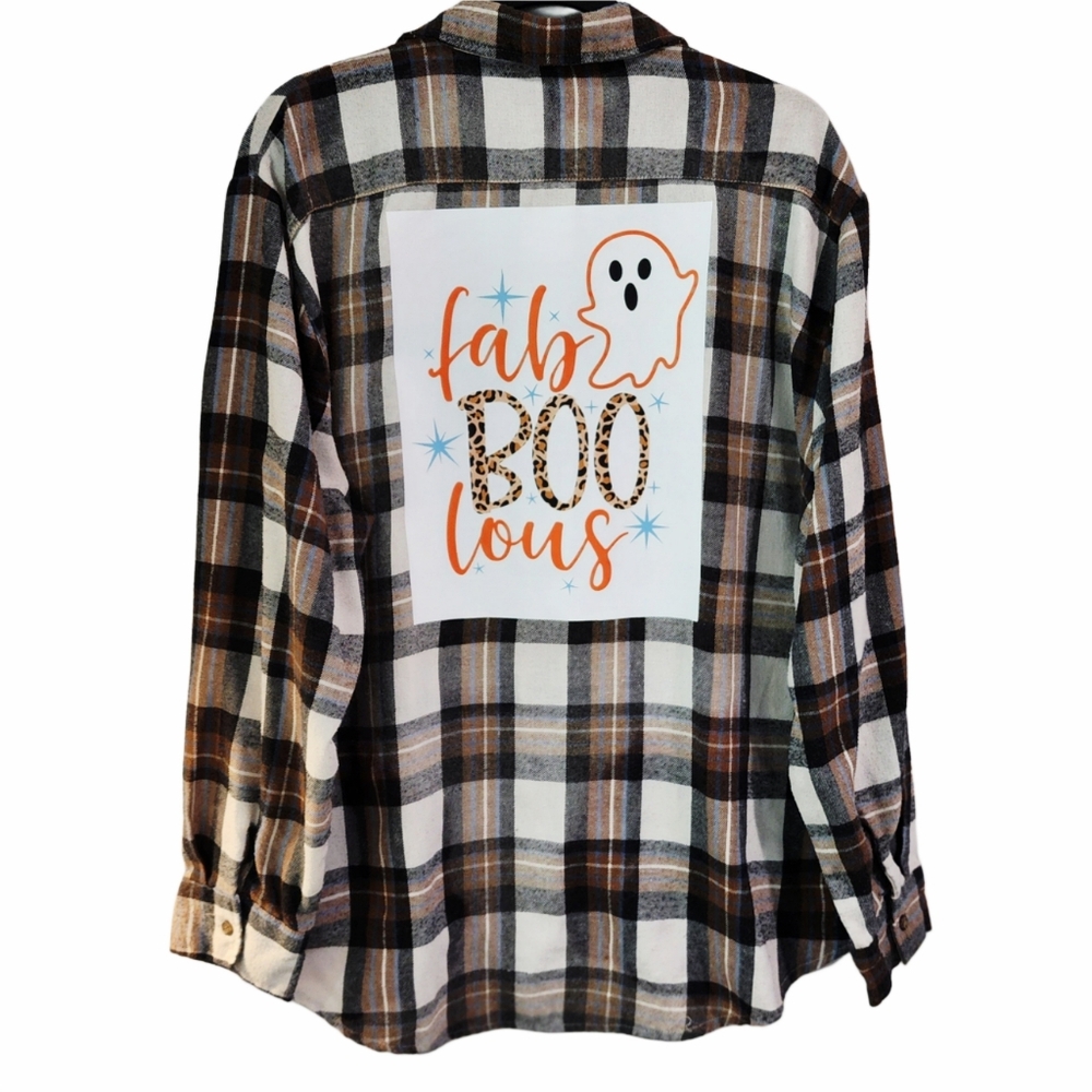 Fab BOO Lous Brown & White Custom Plaid Flannel Shirt, XL